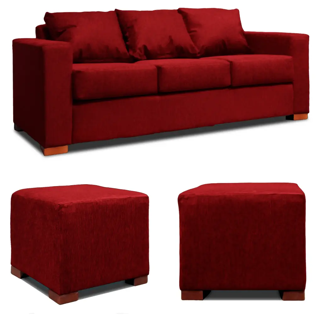 SOFA 3 CUERPOS + 2 POUF EN COLOR ROJO DKORA MODELO CEDRIC